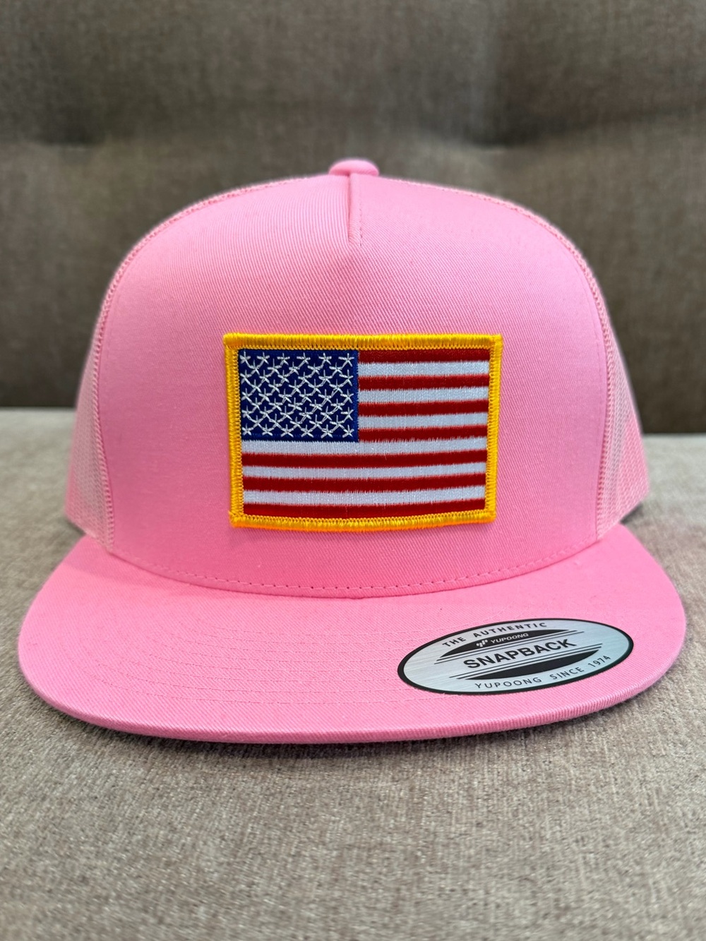 Pink Snapback Hat with American Flag Patch New